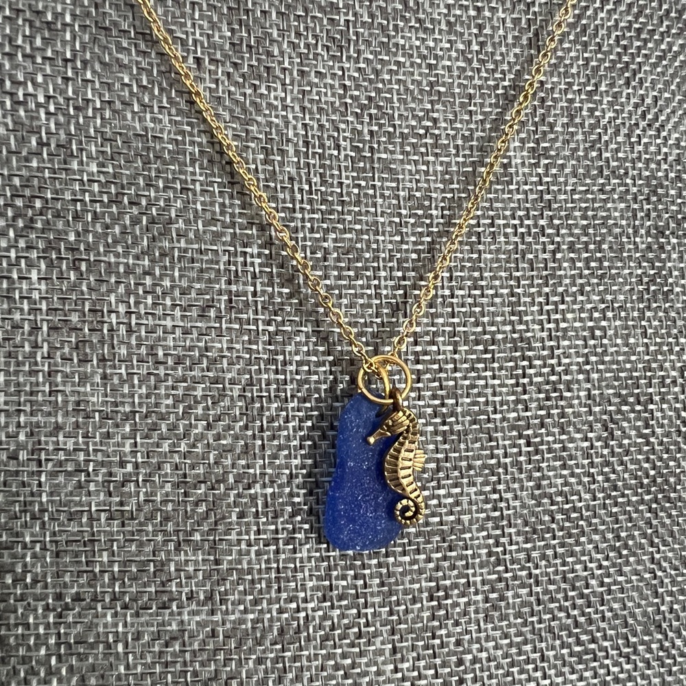 Gold Seahorse Blue Pendant Necklace
